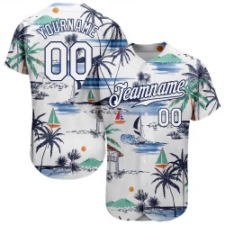 Island Navy Baseball Hawaii Authentic Jersey White 3D Design Palm And Sailboat Pattern Trees Custom